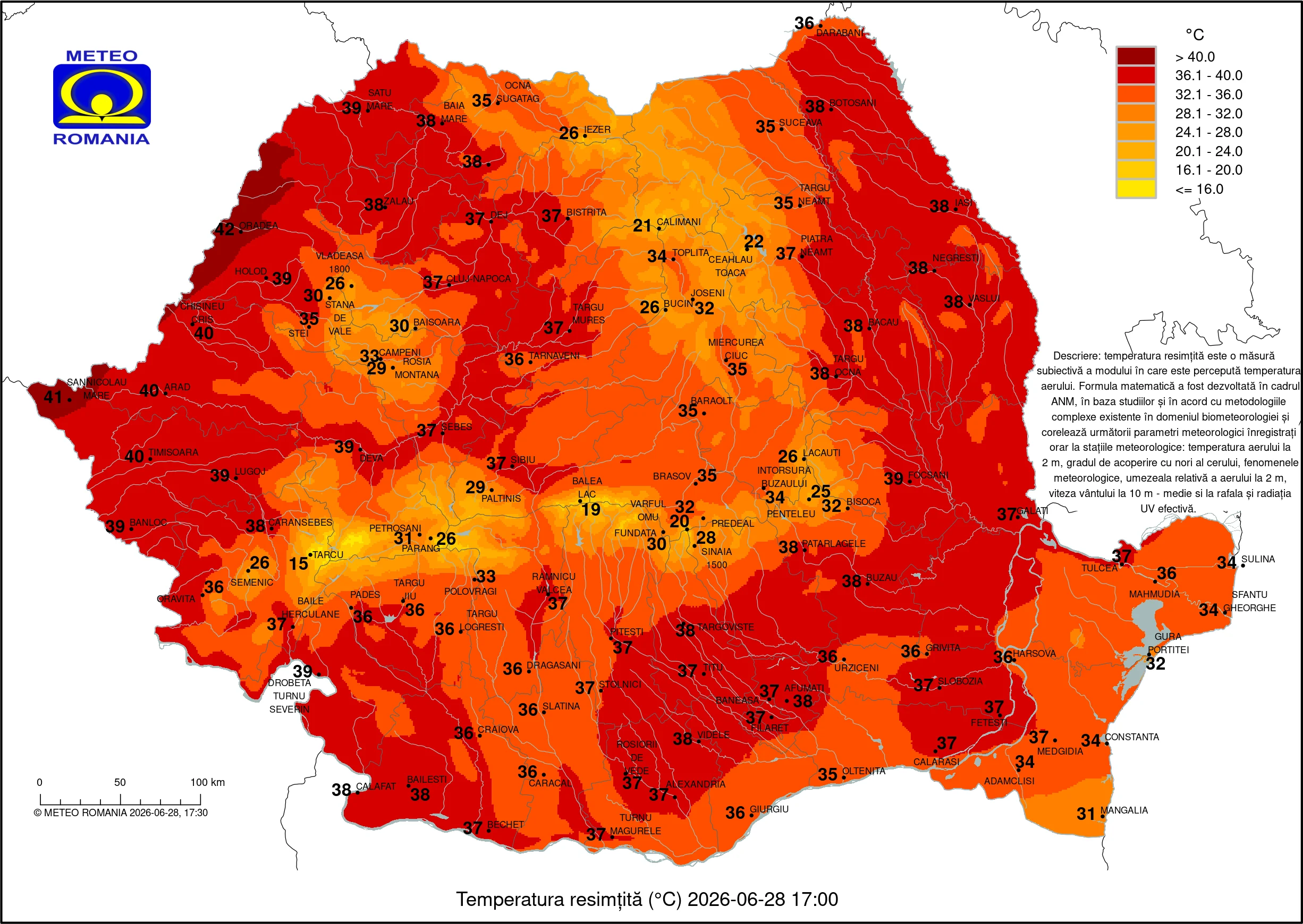 Harta României s-a înroșit. Temperaturile resimțite au ajuns la 42°C în mai multe orașe