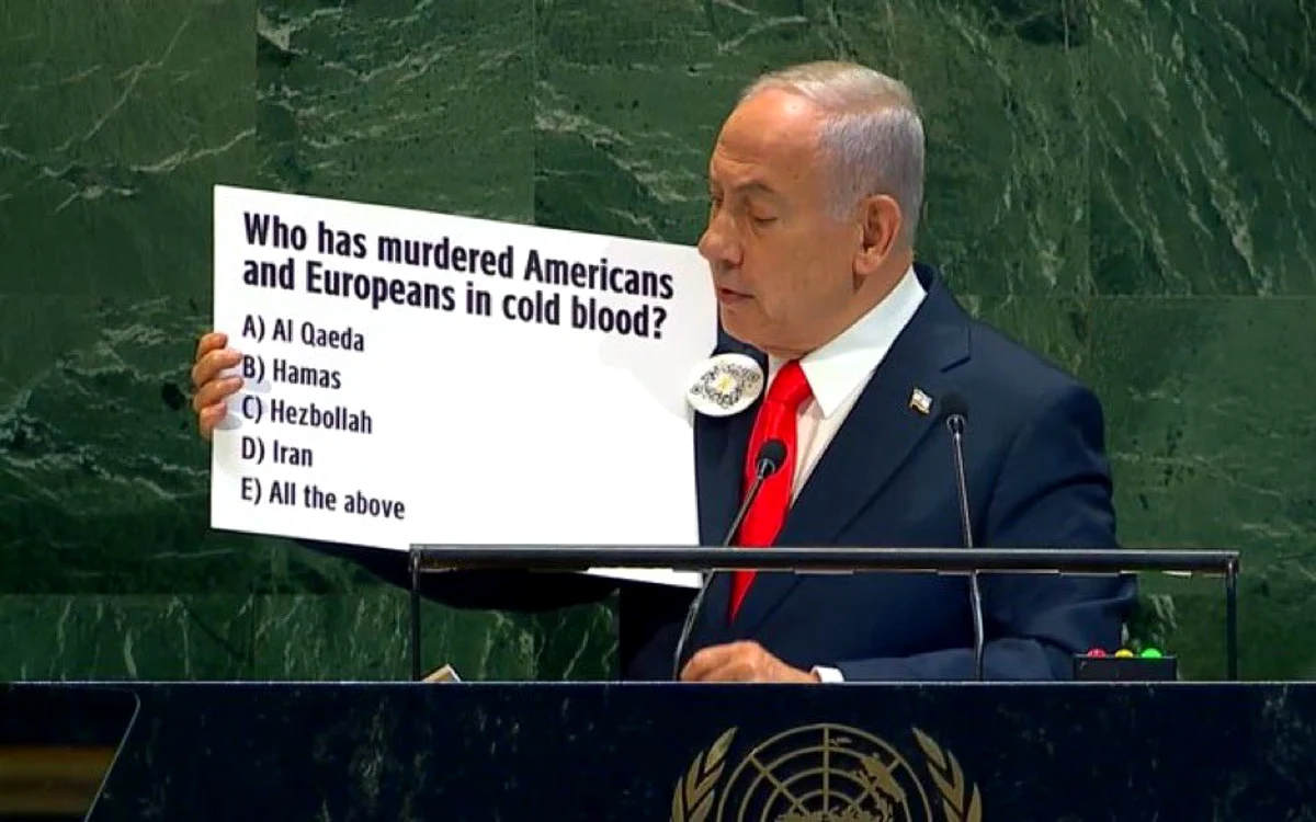 Benjamin Netanyahu, în timpul discursului de la ONU FOTO: X