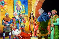 Celebra scenă dintr-o legendă istorică despre Vlad III Țepeș. Sosiți în fața sa în sala tronului, solii turci nu și-au descoperit capul în semn de respect. Domnitorul a ordonat să le fie țintuite turbanele de cap cu niște piroane (ilustrație de Cătăl
