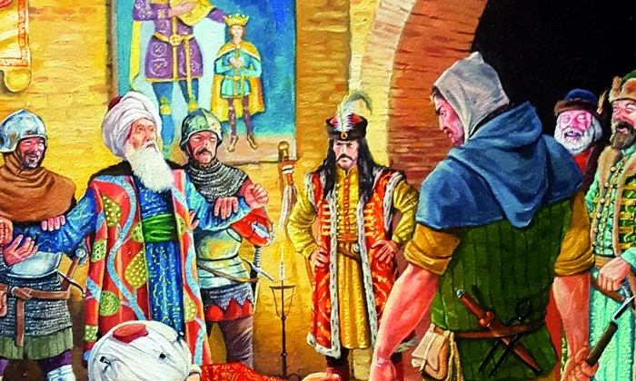 Celebra scenă dintr-o legendă istorică despre Vlad III Țepeș. Sosiți în fața sa în sala tronului, solii turci nu și-au descoperit capul în semn de respect. Domnitorul a ordonat să le fie țintuite turbanele de cap cu niște piroane (ilustrație de Cătăl