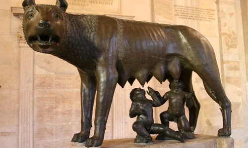 Lupoaica hrănind copiii gemeni Romulus și Remus (foto: Pixabay)