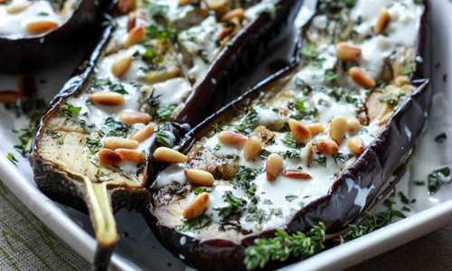 Roasted Eggplant with Buttermilk Sauce Mint Basil and Pine Nuts 4 jpeg