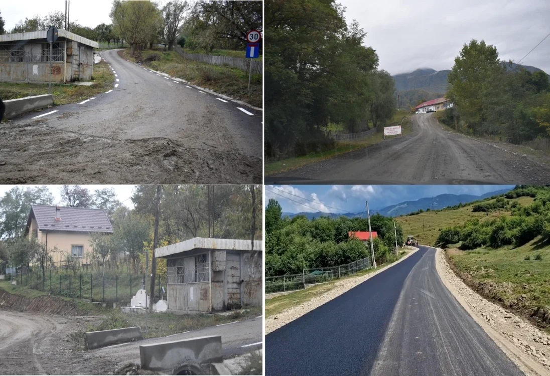 Paradoxul din Ţara Loviştei - uliţele asfaltate care se termină brusc în drumul principal de pământ asfaltat doar la jumătatea lui Foto colaj