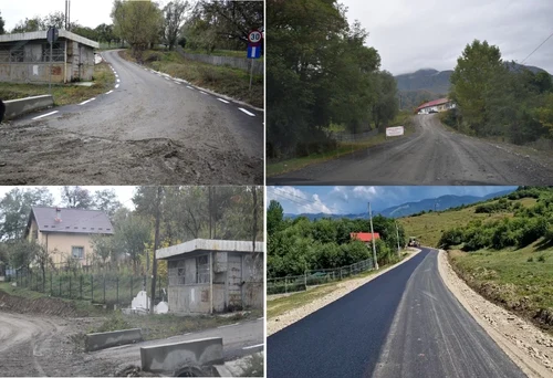 Paradoxul din Ţara Loviştei - uliţele asfaltate care se termină brusc în drumul principal de pământ asfaltat doar la jumătatea lui Foto colaj