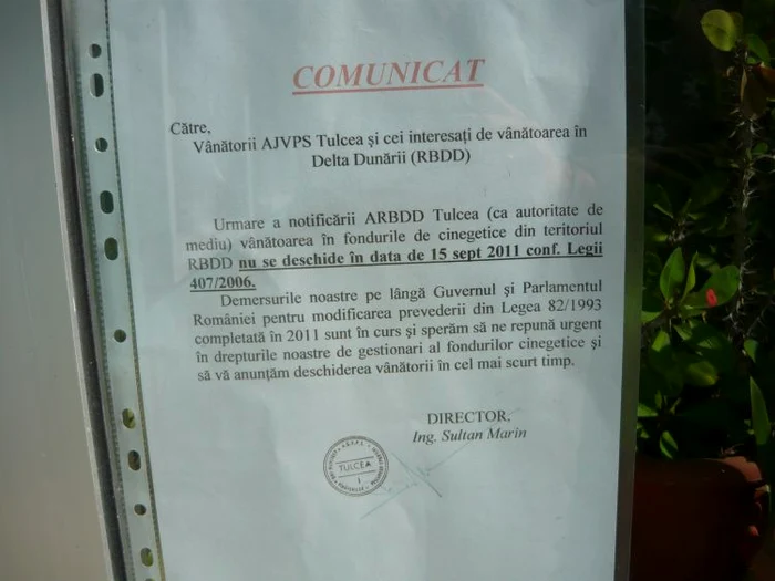 Anunţul postat la intrarea în sediul AJVPS