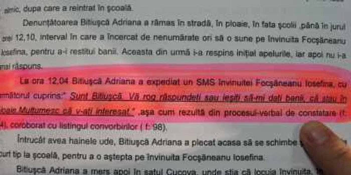 Unul dintre SMS-urile trimise de Adriana Bitiuşcă, profesoarei Iosefina Focşăneanu