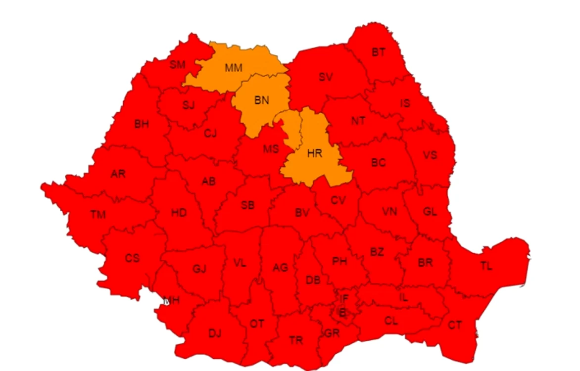 Codul Roșu valabil pentru 15 și 16 iulie cuprinde aproape întreaga țară FOTO: ANM