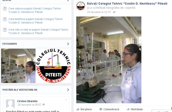 Pe pagina de Facebook recent creată, << Salvaţi Colegiul Tehnic „Costin D. Neniţescu” Piteşti>>, bătălia pentru fostul liceu de chimie pare şi mai aprigă decât cea dusă în faţa magistraţilor!