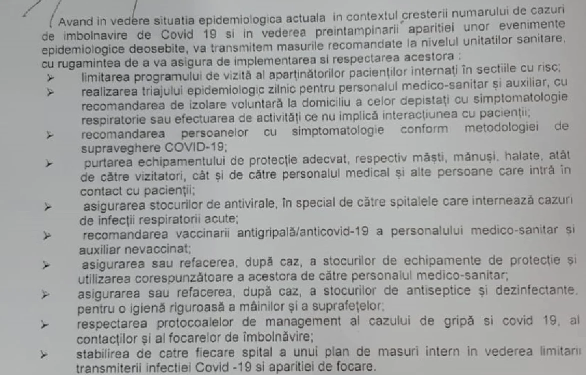 Documentul transmis spitalelor din Timiș de către DSP Timiș