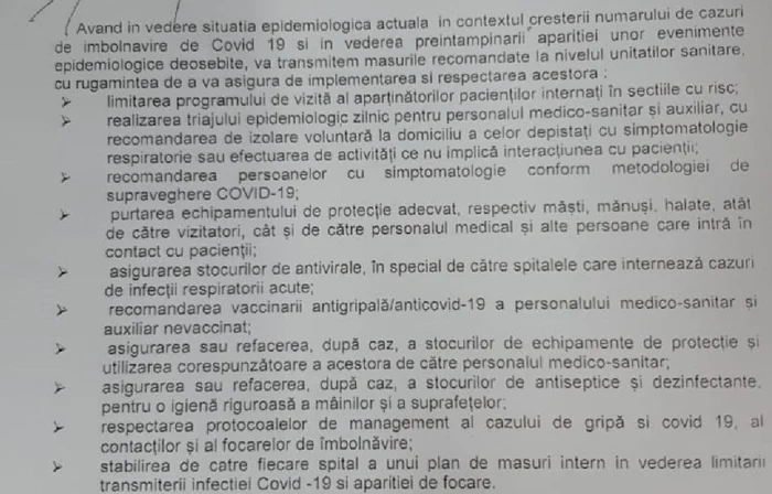 Documentul transmis spitalelor din Timiș de către DSP Timiș