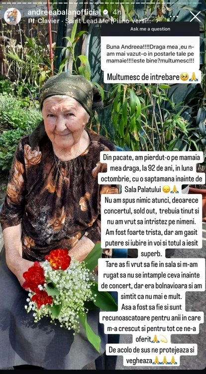 Bunica Andreei Bălan a decedat în urmă cu câteva luni / FOTO: Captură video Instagram