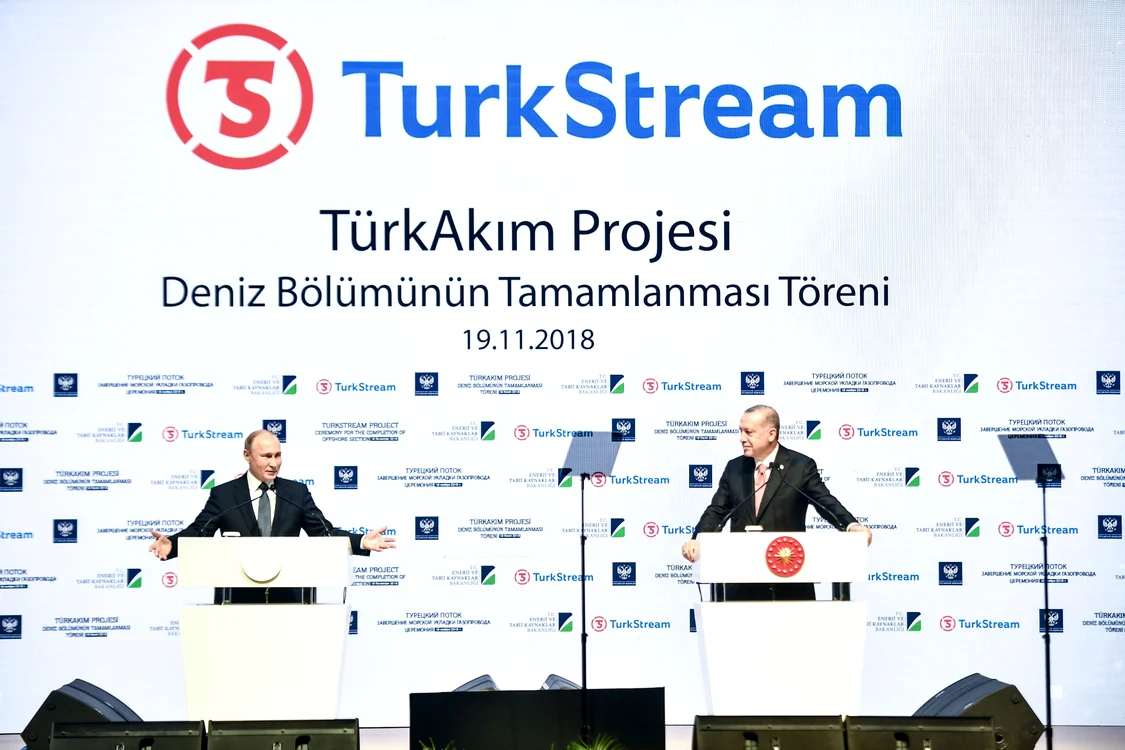 Vladimir Putin și Recep Erdogan în conferința de presă în care anunțau inaugurarea TurkStream