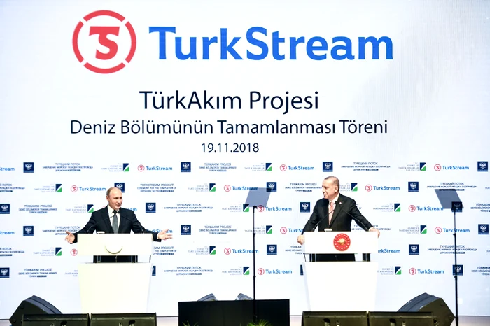Vladimir Putin și Recep Erdogan în conferința de presă în care anunțau inaugurarea TurkStream