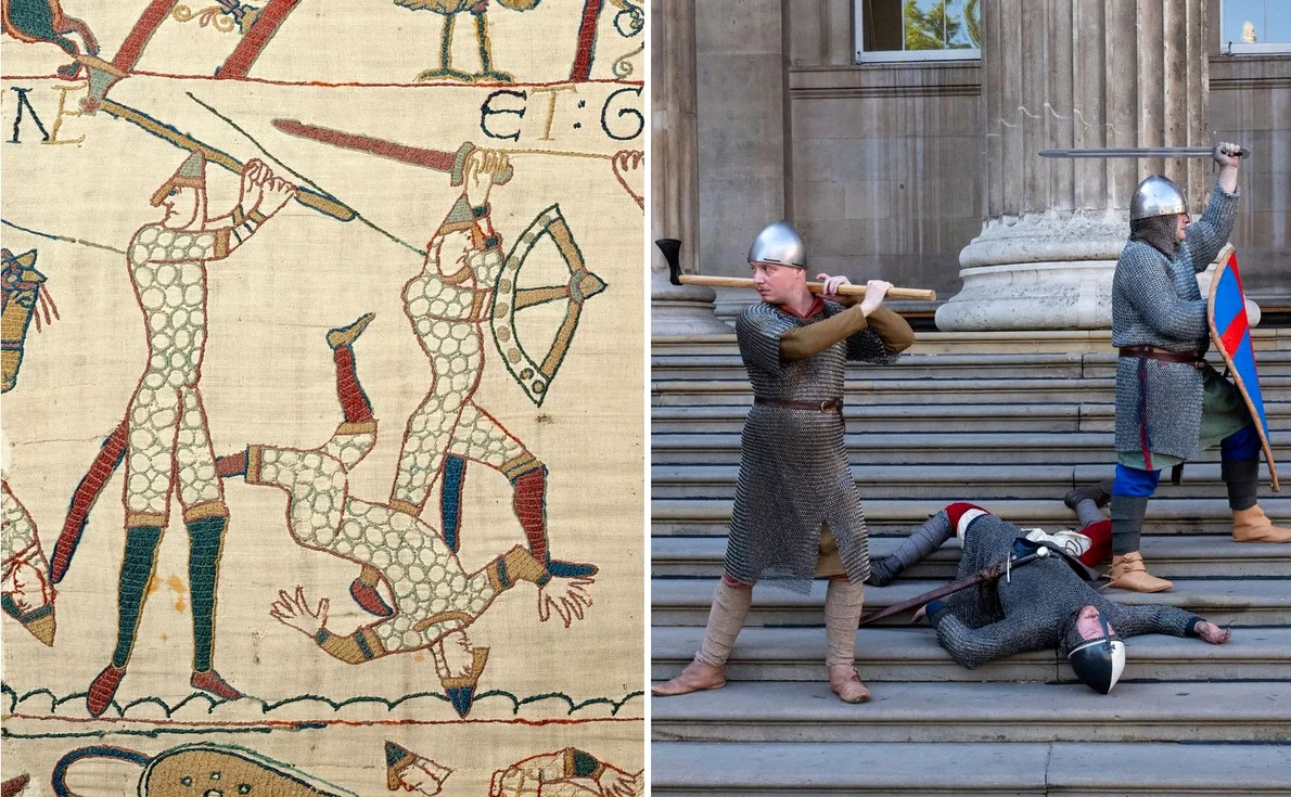Scenă din Tapiseria de la Bayeux (stânga) recreată de angajați ai British Museum îmbrăcați în costume medievale