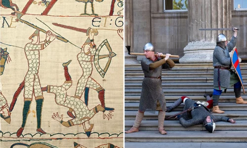 Scenă din Tapiseria de la Bayeux (stânga) recreată de angajați ai British Museum îmbrăcați în costume medievale 