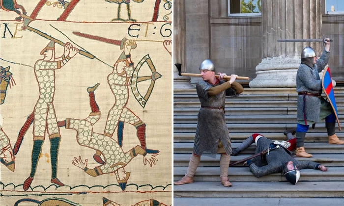 Scenă din Tapiseria de la Bayeux (stânga) recreată de angajați ai British Museum îmbrăcați în costume medievale