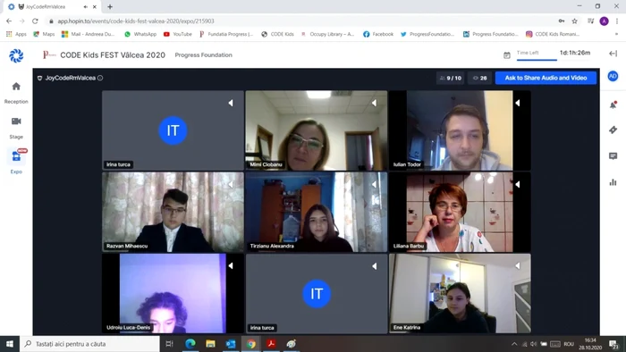 Zona virtuală pentru discuţii concurenţi - juriu în cadrul Târgului de Ştiinţă şi Tehnologie Code Kids Fest Vâlcea 2020 - în imagine Joy Code Râmnicu Vâlcea Foto BJAI