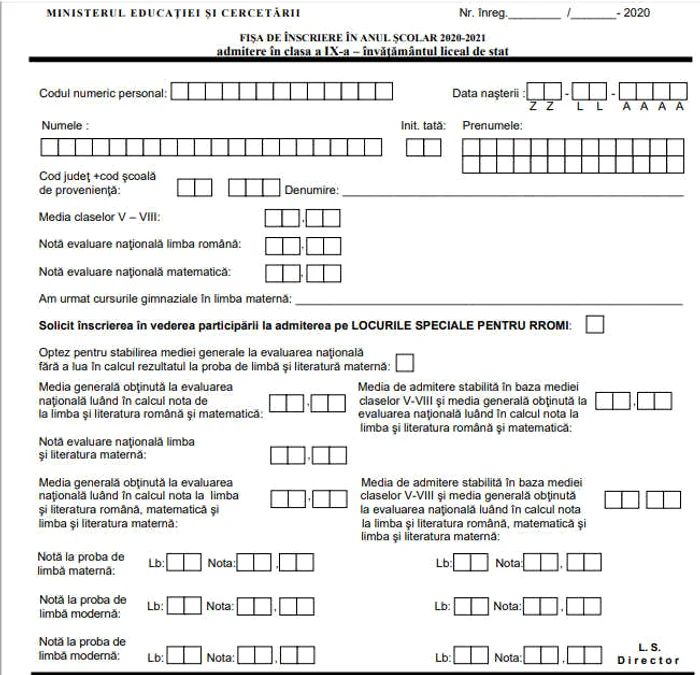Pe prima pagină a fișei de înscriere la liceu trebuie completate datele personale ale elevului, media claselor V-VIII și notele la Evaluarea Națională