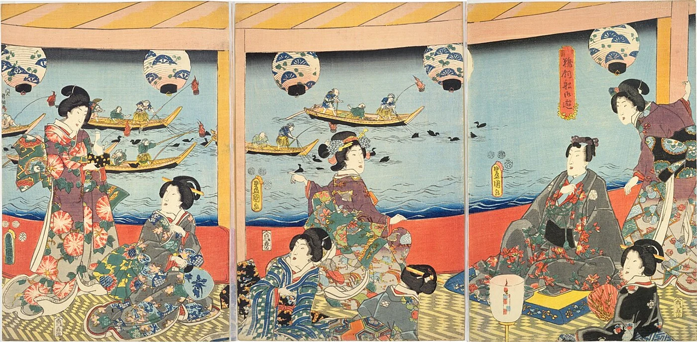 Privind pescuitul cu cormorani. Pictură de Utagawa Kunisada, din 1852