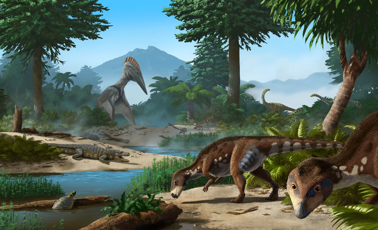 Ilustrare a tărâmului dinozaurilor.  Sursa: Geoparcul Internațional UNESCO Țara Hațegului