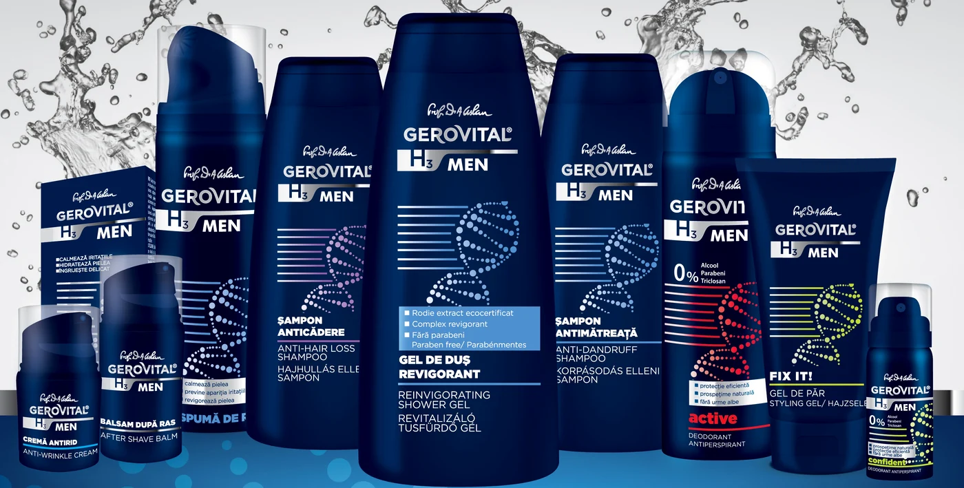 Pentru bărbaţi, ai o întreagă gamă de produse Gerovital, ce conţin produse de ras, geluri de duş, creme, şampoane şi deodorante