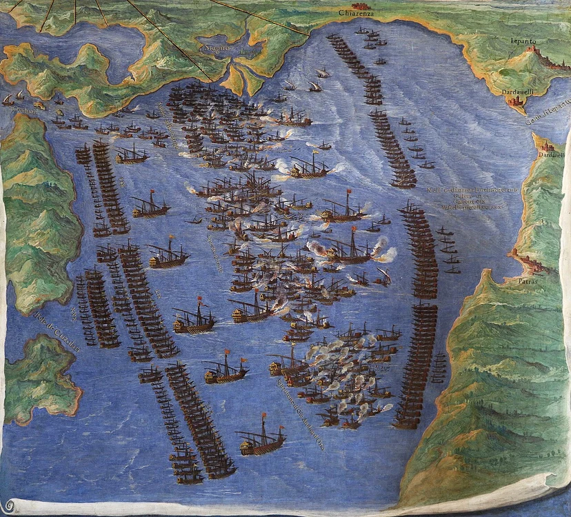 Desfășurarea Bătăliei de la Lepanto. Frescă din Muzeele Vaticanului, de Ignazio Danti 