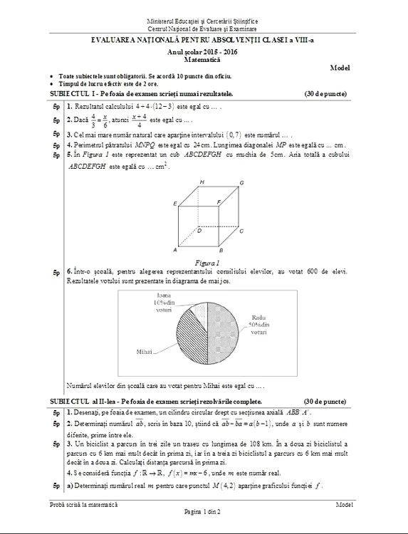 Variantă de subiect la Proba de Matematică de la Evaluarea Naţională 2016