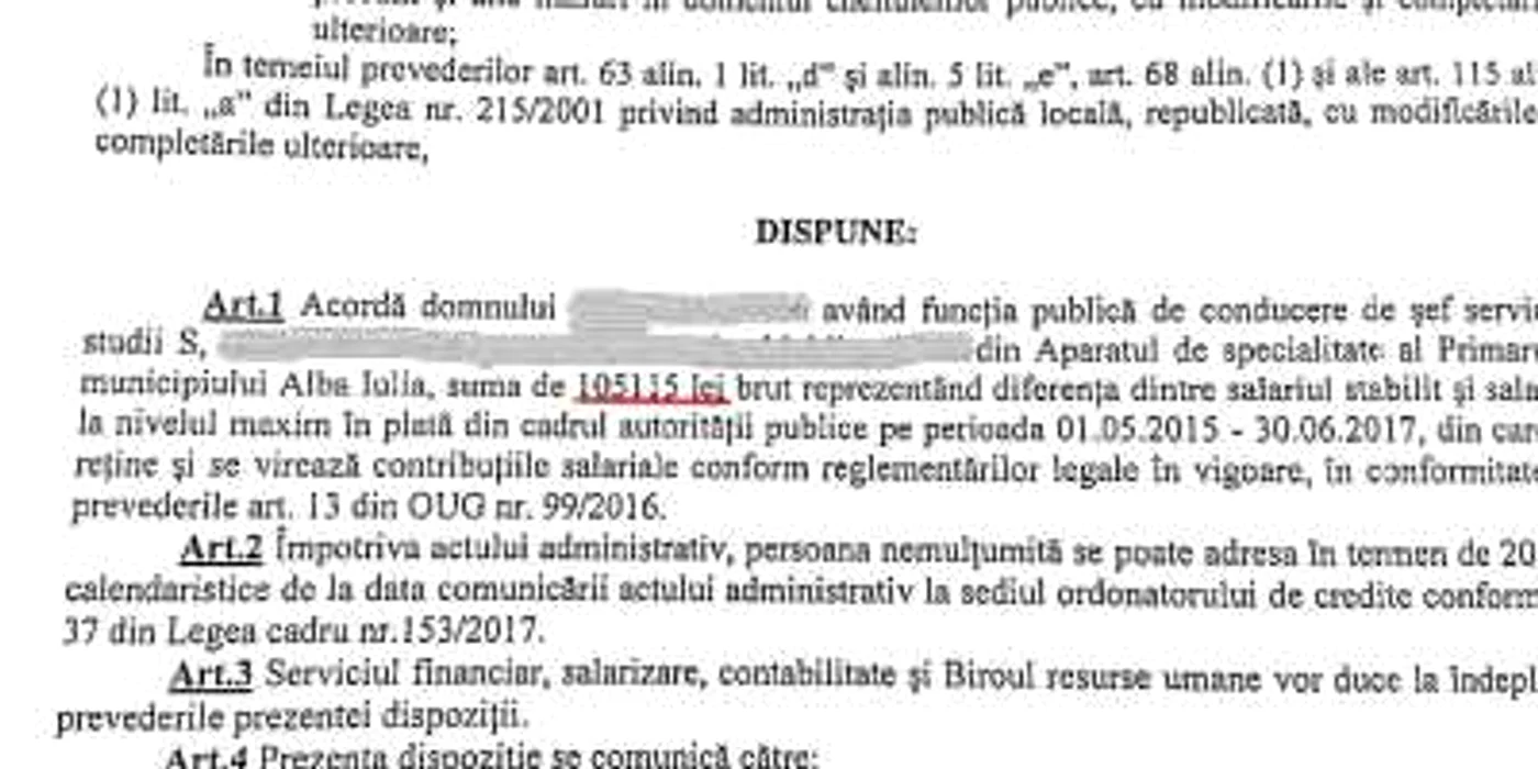 Un şef de serviciu din aparatul primarului va primi suma de 105.115 lei. Sursa: Facebook/ Daniel Zdrânc