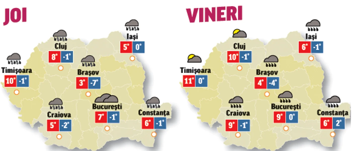Prognoza meteo pentru următoarele două zile anunță precipitații și vânt în toată țara