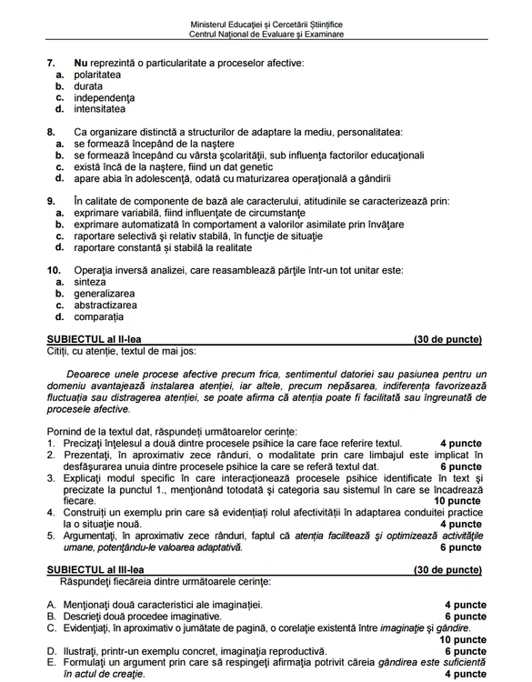 Bac 2015 subiecte. Psihologie - prima sesiune