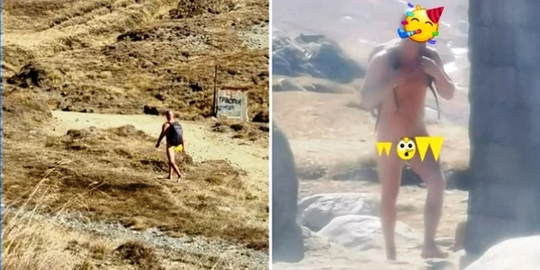 Fotografia cu turistul despuiat în vârf de munte a stârnit reacții care mai de care mai nostime. FOTO Facebook