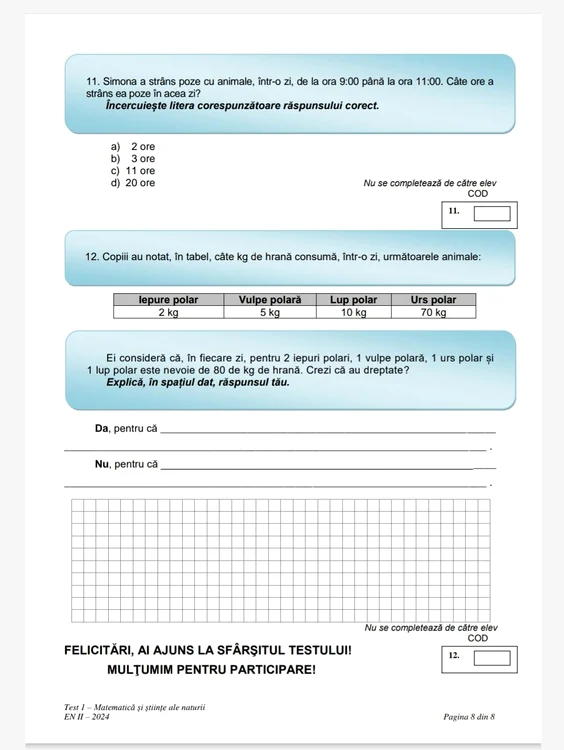 Testul 1 - Matematică și Științele Naturii - Evaluarea Natională clasa a II a 