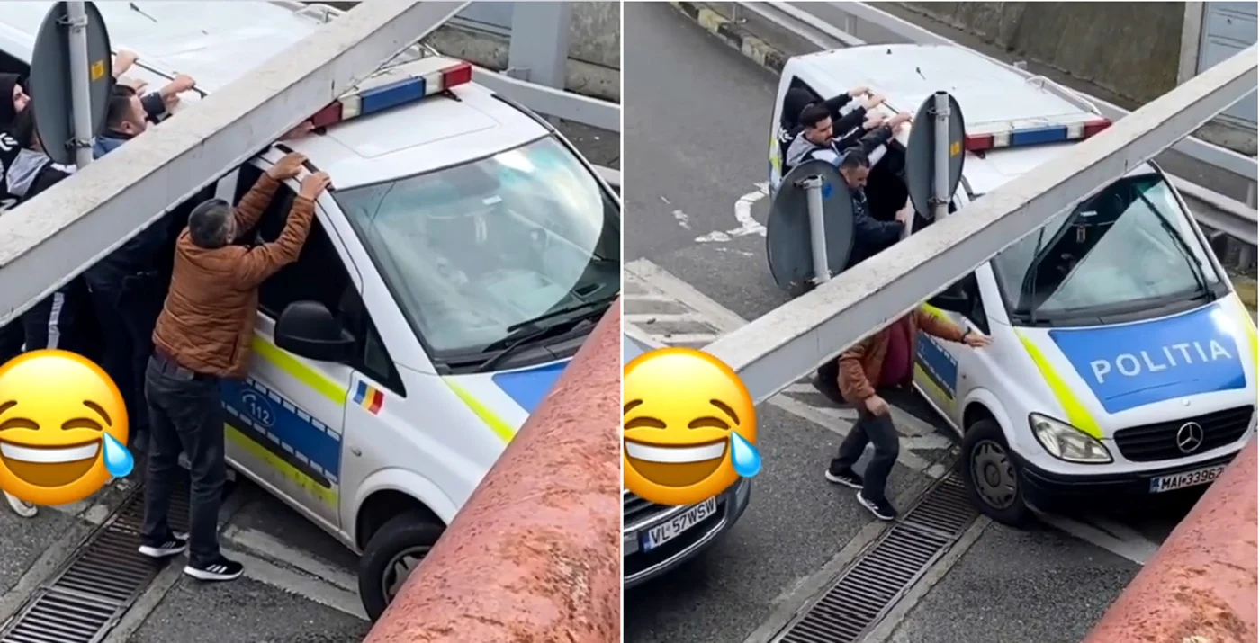 Autospecială de Poliție blocată sub un pasaj rutier din Râmnicu Vâlcea Foto colaj capturi video