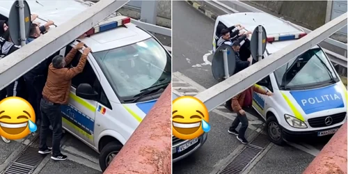 Autospecială de Poliție blocată sub un pasaj rutier din Râmnicu Vâlcea Foto colaj capturi video jpg