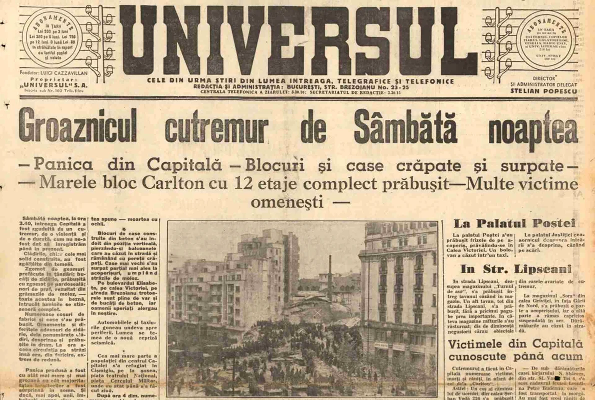 Prima pagină a ziarului „Universul” din data de 12 noiembrie 1940 era dedicată în integralitate cutremurului care lovise România la 10 noiembrie 1940