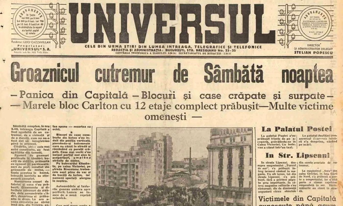Prima pagină a ziarului „Universul” din data de 12 noiembrie 1940 era dedicată în integralitate cutremurului care lovise România la 10 noiembrie 1940