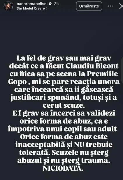Mesajul publicat de Oana Roman / foto: Instagram