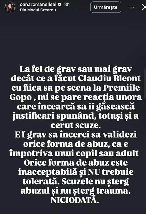 Mesajul publicat de Oana Roman / foto: Instagram