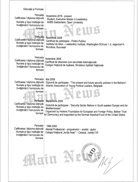 În document, Cumpănaşu arată că urmează un master în Elveţia