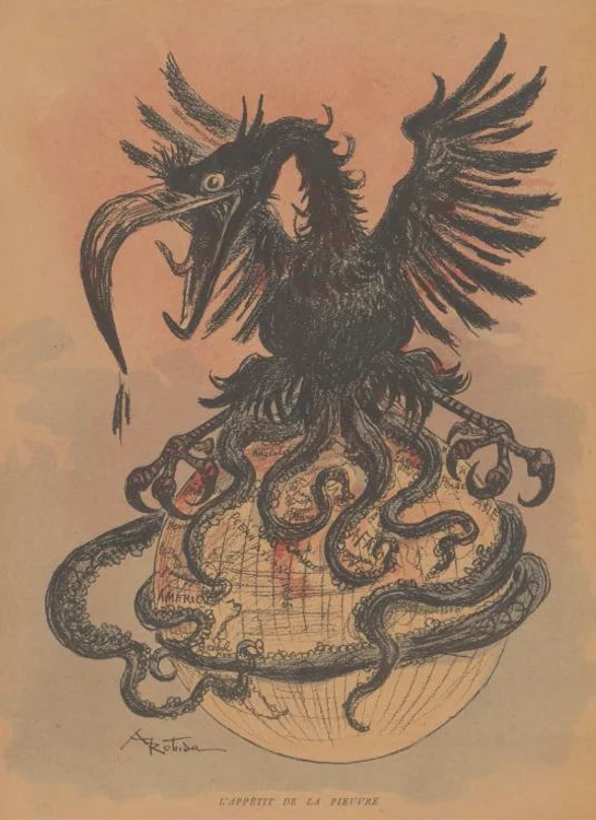 La începutul Primului Război Mondial,  Germania este înfăţişată ca un animal hibrid,  o combinaţie între vultur şi caracatiţă,  fapt care reflectă agresivitatea germană expansionistă. 