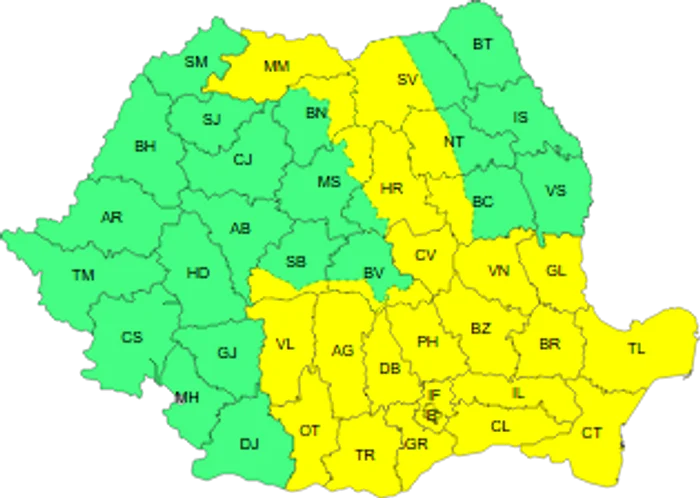 Zone vizate de avertizarea Cod galben. FOTO ANM