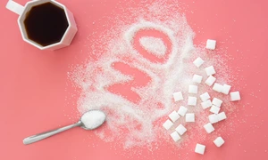 word no made sugar cup coffee pink background flat lay jpg