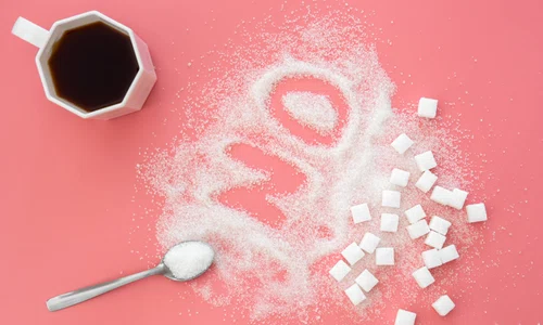 word no made sugar cup coffee pink background flat lay jpg