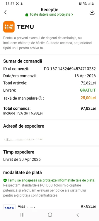 Bonul fiscal emis după plata comenzii