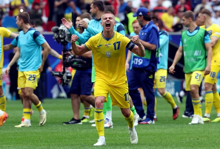 Oleksandr Zinchenko bucuros dupa victoria Ucrainei in fata Slovaciei la EURO 2024 FOTO: EPA-EFE