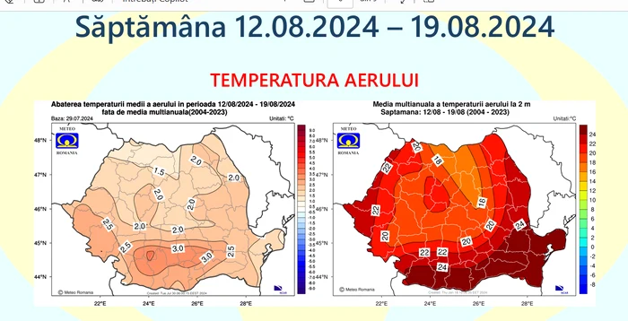 Estimările pentru săptămâna 12 - 19 august 2024. FOTO ANM