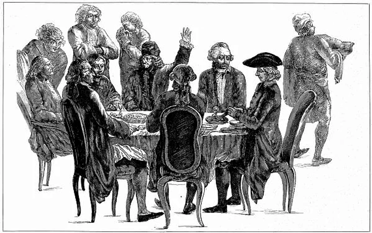 Voltaire, la masă  cu tatăl său (Adam), D'Alembert și Condorcet. Gravură de Jean Huber.