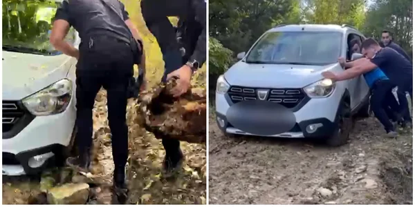 O familie din jud Covasna, cu cinci copii, a rămas blocată pe un drum forestier din comuna Bisoca, Buzău FOTO captura video