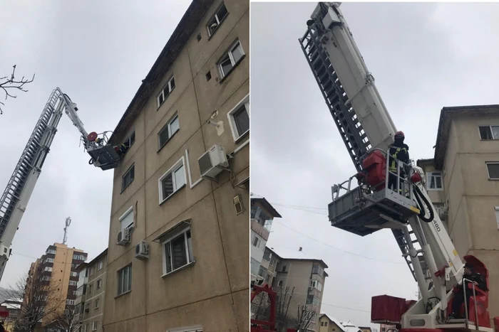 Bebeluş salvat cu autospeciala de lucru la înălţime de la etajul IV, Râmnicu Vâlcea, Foto: ISU Vâlcea