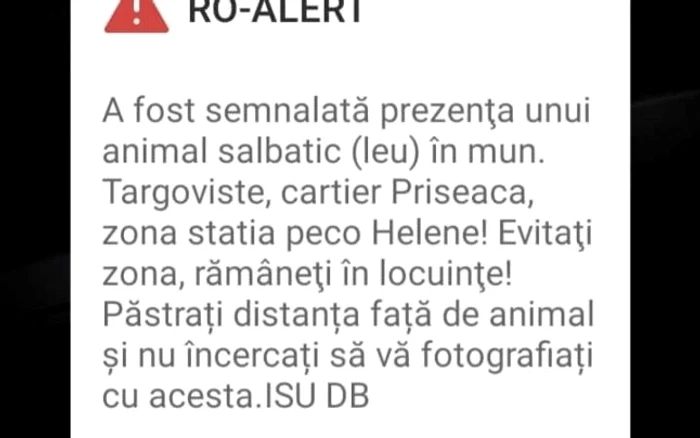 Acesta este mesajul transmis de ISU prin Ro-Alert. Foto: Adevarul